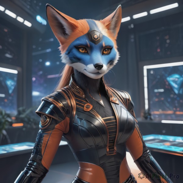 1girl,solo,long hair,breasts,looking at viewer,smile,animal ears,jewelry,medium breasts,closed mouth,upper body,ponytail,indoors,necklace,orange hair,armor,blurry,orange eyes,fox ears,bodysuit,night,blurry background,slit pupils,fox girl,furry,zipper,colored sclera,science fiction,furry female,body fur,animal nose,whiskers,snout,two-tone fur,blue fur,furrification,orange fur,brown hair,yellow eyes,window