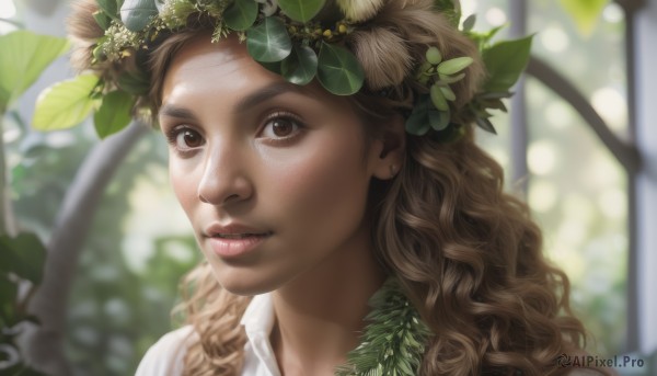 1girl,solo,long hair,looking at viewer,brown hair,shirt,hair ornament,brown eyes,jewelry,white shirt,earrings,parted lips,blurry,lips,eyelashes,depth of field,blurry background,leaf,wavy hair,plant,portrait,freckles,curly hair,realistic,nose,head wreath,teeth,sunlight,close-up