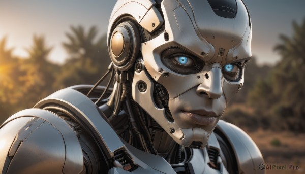 solo,looking at viewer,blue eyes,1boy,upper body,male focus,outdoors,armor,blurry,tree,lips,blurry background,helmet,robot,portrait,glowing eyes,science fiction,realistic,android,cyborg,dirty,power armor,closed mouth,sky,glowing,close-up,humanoid robot