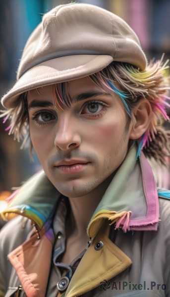 1girl,solo,looking at viewer,short hair,brown hair,shirt,black hair,1boy,hat,closed mouth,jacket,upper body,male focus,multicolored hair,collared shirt,artist name,blurry,black eyes,lips,grey eyes,eyelashes,blurry background,facial hair,portrait,zipper,realistic,nose,mustache,stubble,brown headwear,jewelry,thick eyebrows,beard,grey headwear