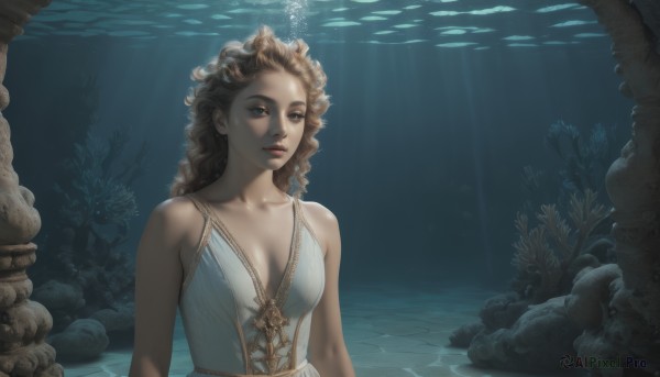 1girl,solo,long hair,breasts,blue eyes,brown hair,dress,cleavage,bare shoulders,brown eyes,medium breasts,collarbone,upper body,sleeveless,water,white dress,lips,looking to the side,looking away,sunlight,curly hair,light rays,underwater,realistic,nose,sunbeam,pillar,coral,looking at viewer,blonde hair,statue