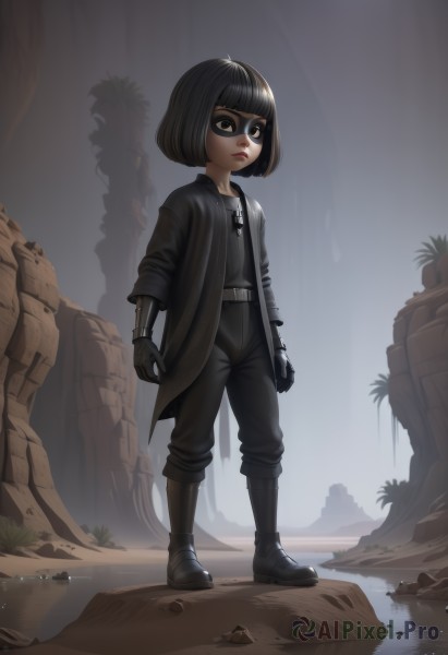 1girl,solo,short hair,bangs,shirt,black hair,gloves,long sleeves,brown eyes,closed mouth,standing,jacket,full body,boots,outdoors,open clothes,black gloves,belt,pants,artist name,blunt bangs,water,black footwear,black eyes,open jacket,tree,lips,coat,black jacket,black shirt,mask,black pants,bob cut,knee boots,child,rock,mechanical arms,animification,cyborg,waterfall,cliff,looking at viewer,jewelry,necklace,domino mask