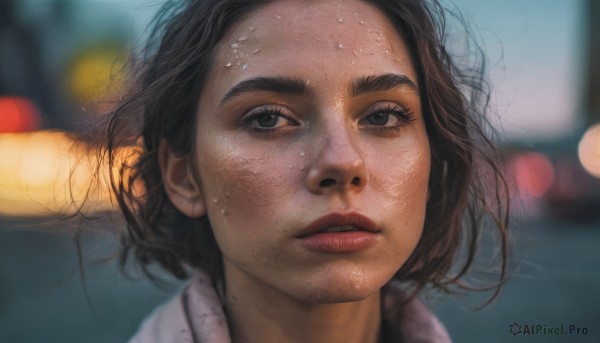 1girl,solo,looking at viewer,short hair,brown hair,black hair,brown eyes,sweat,parted lips,blurry,black eyes,lips,wet,depth of field,blurry background,thick eyebrows,portrait,close-up,freckles,hand in own hair,realistic,nose,wet hair,teeth,eyelashes,messy hair,forehead,dirty,bokeh,dirty face