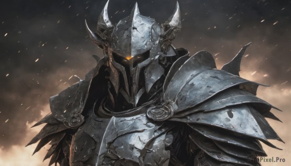 solo,1boy,upper body,male focus,horns,armor,glowing,helmet,shoulder armor,glowing eyes,1other,spikes,pauldrons,breastplate,fake horns,knight,full armor,ambiguous gender,black armor,embers,helm,horned helmet,facing viewer,glowing eye