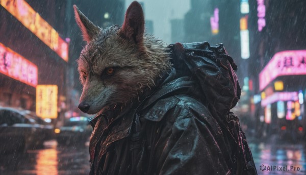 solo, 1boy, jacket, upper body, outdoors, hood, bag, blurry, no humans, night, blurry background, animal, motor vehicle, furry, rain, city, car, furry male, neon lights