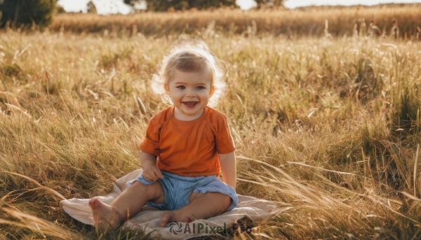 solo,looking at viewer,smile,short hair,open mouth,blue eyes,shirt,1boy,sitting,full body,short sleeves,male focus,outdoors,shorts,barefoot,teeth,day,blurry,grass,child,blue shorts,realistic,male child,field,orange shirt,dirty,dirty feet,brown hair,tongue,tongue out,denim,t-shirt,red shirt,denim shorts,baby