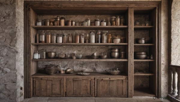 indoors,cup,no humans,bottle,scenery,bowl,wall,shelf,jar,still life,box,plate,door,kitchen,cabinet