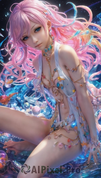 1girl,solo,long hair,breasts,looking at viewer,smile,bangs,blue eyes,hair ornament,navel,cleavage,bare shoulders,jewelry,medium breasts,sitting,closed mouth,collarbone,pink hair,thighs,earrings,small breasts,barefoot,choker,water,necklace,nail polish,bracelet,feet,lips,toes,piercing,gem,revealing clothes,star (sky),armlet,fish,crystal,shell,seashell,dress,hair between eyes,swimsuit,ahoge,multicolored hair,artist name,stomach,white dress,legs,floating hair,arm support,watermark,starry sky,blue nails,beads,knee up,toenails,realistic,nose,toenail polish,space,planet