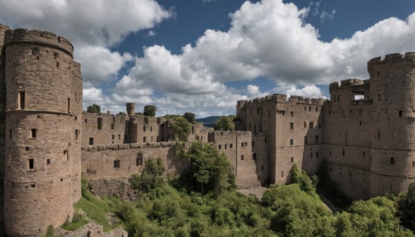 outdoors,sky,day,cloud,tree,blue sky,no humans,cloudy sky,grass,building,nature,scenery,forest,ruins,rock,castle