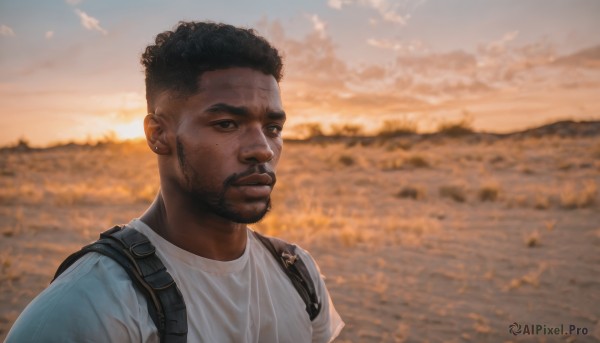 solo,short hair,shirt,black hair,1boy,jewelry,white shirt,upper body,male focus,earrings,outdoors,parted lips,sky,cloud,dark skin,bag,blurry,black eyes,wet,blurry background,facial hair,dark-skinned male,backpack,t-shirt,wet clothes,beard,sunset,realistic,wet shirt,field,very dark skin,looking at viewer,brown eyes,closed mouth,lips,ocean,beach,photo background,eyebrow cut