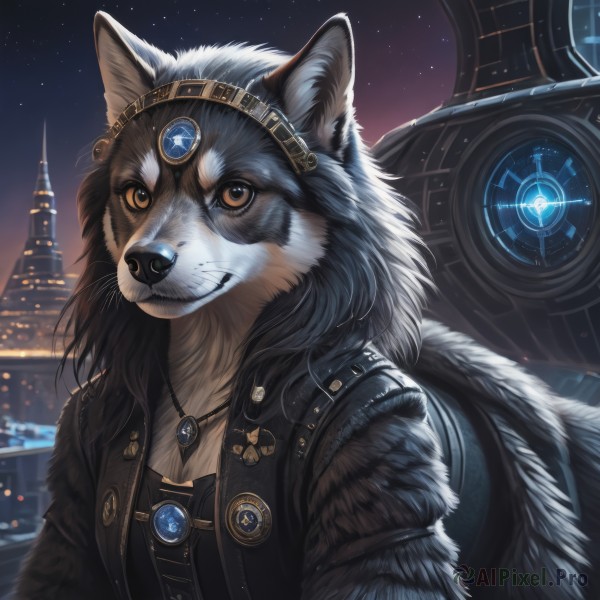 1girl,solo,breasts,looking at viewer,animal ears,brown eyes,jewelry,jacket,upper body,outdoors,open clothes,sky,teeth,artist name,signature,necklace,black jacket,orange eyes,fur trim,no humans,night,animal,building,gem,star (sky),night sky,furry,pendant,starry sky,city,fantasy,furry female,body fur,leather,animal nose,wolf,black fur,long hair,yellow eyes