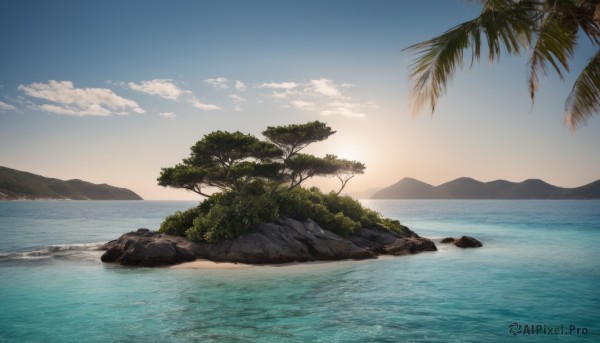 outdoors,sky,day,cloud,water,tree,blue sky,no humans,ocean,beach,sunlight,cloudy sky,nature,scenery,sunset,rock,mountain,palm tree,sun,horizon,river,shore,plant,landscape,island