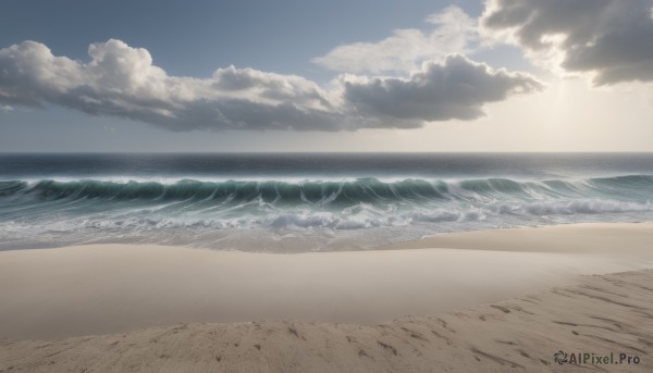 outdoors,sky,day,cloud,water,blue sky,no humans,ocean,beach,sunlight,cloudy sky,scenery,sand,horizon,waves,shore