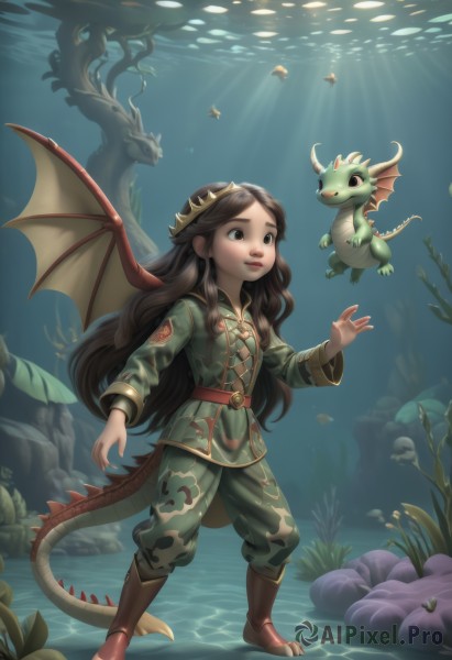 1girl,solo,long hair,smile,brown hair,long sleeves,brown eyes,standing,tail,full body,boots,wings,horns,belt,pants,water,uniform,black eyes,military,military uniform,sunlight,tiara,fish,dragon girl,light rays,underwater,dragon,dragon tail,green pants,dragon wings,black hair,jacket,lips,leaf,brown footwear,rock,air bubble,sunbeam,coral,aquarium