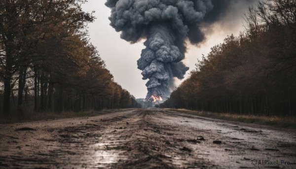 1girl,solo,outdoors,sky,cloud,tree,no humans,nature,scenery,forest,smoke,monster,fog,cloudy sky,grass,fire,burning