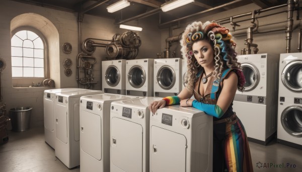 1girl,solo,long hair,breasts,looking at viewer,large breasts,brown hair,black hair,hair ornament,gloves,cleavage,bare shoulders,jewelry,medium breasts,standing,multicolored hair,detached sleeves,sleeveless,belt,pants,indoors,dark skin,necklace,dark-skinned female,lips,window,makeup,curly hair,nose,arm warmers,headdress,kitchen,stove,earrings,goggles,wristband,washing machine