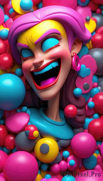 1girl,solo,long hair,looking at viewer,smile,open mouth,blue eyes,jewelry,upper body,pink hair,purple hair,:d,multicolored hair,earrings,teeth,necklace,two-tone hair,makeup,lipstick,eyeshadow,evil smile,balloon,no pupils,clown,artist name,eyelashes,laughing,too many