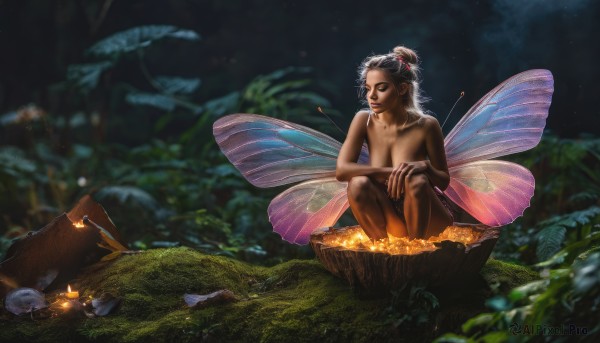 solo,black hair,hair ornament,1boy,sitting,nipples,closed eyes,male focus,nude,outdoors,wings,pointy ears,dark skin,hair bun,blurry,tree,completely nude,night,depth of field,single hair bun,grass,nature,forest,realistic,fairy wings,fairy,mushroom,insect wings,1girl,long hair,breasts,water,leaf,bug,fire,plant,minigirl,antennae,butterfly wings