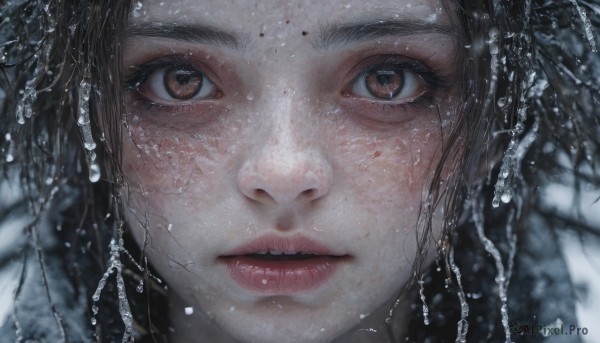 1girl,solo,looking at viewer,brown hair,black hair,brown eyes,parted lips,teeth,water,blurry,lips,wet,eyelashes,portrait,close-up,freckles,water drop,realistic,nose,eye focus,short hair,open mouth,bangs,mole,depth of field,blurry background,reflection,straight-on,mole on cheek