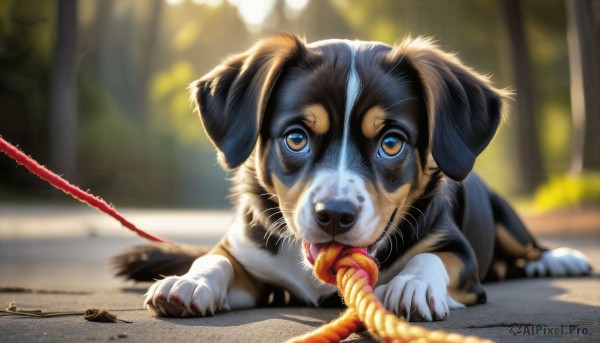 HQ,solo,looking at viewer,blue eyes,brown eyes,outdoors,lying,day,tongue,tongue out,blurry,collar,tree,no humans,depth of field,blurry background,animal,mouth hold,dog,realistic,leash,animal focus,full body,signature,on stomach,rope,claws,shimenawa,animal collar,pet,puppy