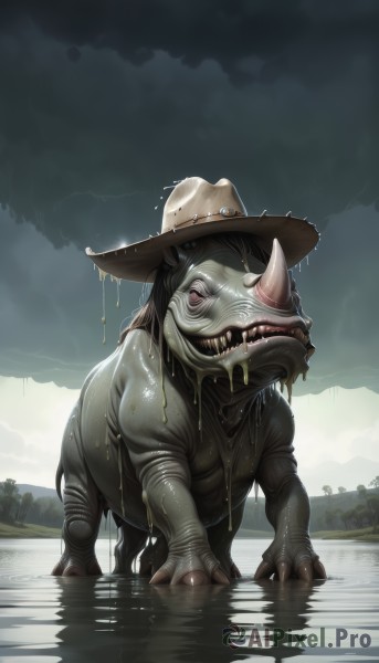 solo,open mouth,red eyes,hat,outdoors,horns,sky,teeth,tongue,cloud,water,tree,wet,no humans,saliva,fangs,cloudy sky,sharp teeth,claws,single horn,reflection,rain,monster,realistic,brown headwear,puddle,looking at viewer,standing,full body,day,artist name,creature,dripping,horror (theme)