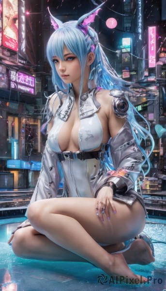 1girl,solo,long hair,breasts,looking at viewer,bangs,blue eyes,cleavage,bare shoulders,jewelry,medium breasts,sitting,blue hair,jacket,full body,thighs,parted lips,detached sleeves,open clothes,barefoot,nail polish,feet,leotard,lips,see-through,legs,bare legs,makeup,toes,headgear,ring,building,blue nails,reflection,science fiction,city,realistic,white leotard,yokozuwari,cyborg,cyberpunk,large breasts,long sleeves,hair between eyes,closed mouth,outdoors,horns,belt,signature,off shoulder,open jacket,night,grey jacket,light blue hair,cityscape,neon lights