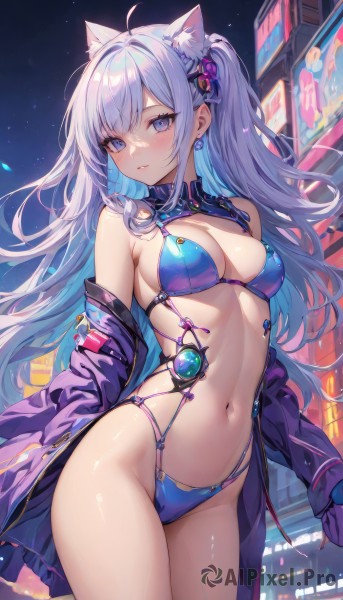 1girl,solo,long hair,breasts,looking at viewer,blush,bangs,blue eyes,hair ornament,long sleeves,navel,animal ears,cleavage,bare shoulders,jewelry,medium breasts,blue hair,standing,purple eyes,jacket,swimsuit,purple hair,ahoge,sidelocks,bikini,thighs,multicolored hair,cowboy shot,earrings,outdoors,parted lips,open clothes,sky,cat ears,off shoulder,stomach,open jacket,groin,animal ear fluff,night,one side up,highleg,building,revealing clothes,night sky,string bikini,extra ears,blue bikini,highleg bikini,ribbon,very long hair,closed mouth,hair ribbon,flower,white hair,hairclip,hair flower,two-tone hair,skindentation,detached collar,colored inner hair,cityscape,purple jacket,armpit crease,multi-strapped bikini