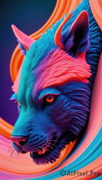 solo,looking at viewer,open mouth,red eyes,animal ears,teeth,from side,orange eyes,no humans,animal,fangs,blue background,cat,sharp teeth,portrait,realistic,animal focus,whiskers,closed mouth,pokemon (creature),watermark,web address