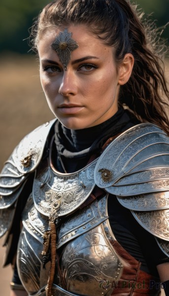 1girl,solo,long hair,looking at viewer,brown hair,black hair,brown eyes,closed mouth,upper body,armor,blurry,lips,blurry background,shoulder armor,freckles,pauldrons,breastplate,realistic,chainmail,plate armor,jewelry,serious,nose