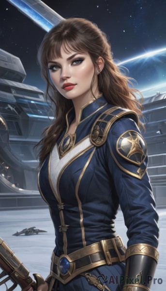 1girl,solo,long hair,breasts,looking at viewer,bangs,blue eyes,brown hair,gloves,long sleeves,holding,jewelry,medium breasts,standing,upper body,weapon,earrings,sky,belt,sword,fingerless gloves,holding weapon,armor,lips,gun,makeup,wavy hair,lipstick,star (sky),holding gun,starry sky,science fiction,nose,red lips,eyeliner,space,planet,earth (planet),spacecraft,brown eyes,outdoors,artist name,bodysuit,night,night sky,rifle,eyeshadow,realistic,aircraft,emblem,architecture,east asian architecture,energy gun