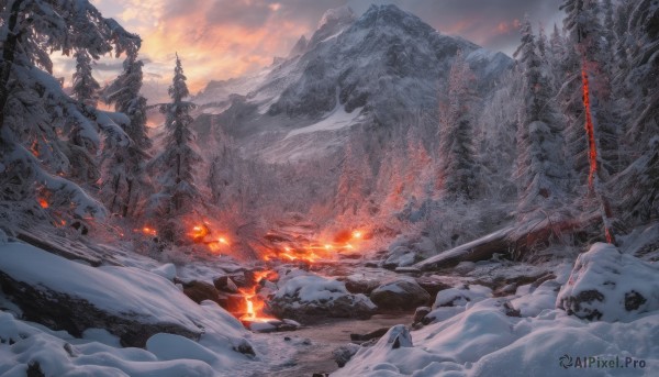 outdoors, sky, cloud, tree, no humans, fire, nature, scenery, snow, forest, mountain, winter, landscape, molten rock, pine tree