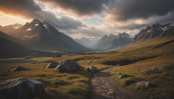 outdoors,sky,day,cloud,no humans,cloudy sky,grass,nature,scenery,sunset,rock,mountain,field,landscape,mountainous horizon