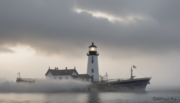 outdoors,sky,cloud,water,no humans,ocean,cloudy sky,building,scenery,smoke,sign,flag,watercraft,bridge,ship,tower,boat,fog,grey sky