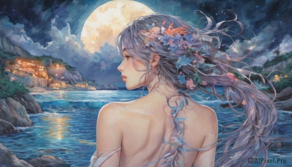 1girl,solo,long hair,blush,hair ornament,bare shoulders,brown eyes,upper body,flower,grey hair,outdoors,parted lips,sky,looking back,cloud,signature,hair flower,water,from behind,tree,lips,tattoo,profile,night,back,looking away,moon,cloudy sky,building,star (sky),night sky,scenery,strap slip,full moon,starry sky,bare back,shoulder blades,river,lake,moonlight,back tattoo,bangs,blue hair,wings,floating hair,mountain