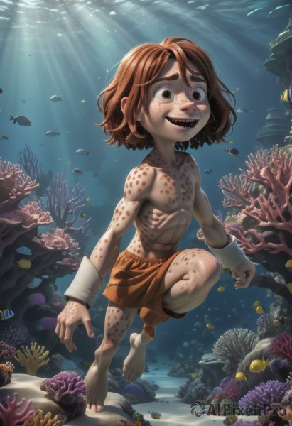 1girl,solo,looking at viewer,smile,short hair,open mouth,brown hair,1boy,navel,brown eyes,nipples,full body,male focus,shorts,barefoot,teeth,muscular,abs,sunlight,pectorals,child,freckles,fish,cuffs,bubble,topless male,light rays,underwater,air bubble,male child,shell,swimming,turtle,freediving,coral,clownfish,artist name,thick eyebrows,sharp teeth,giant,dirty,dirty feet