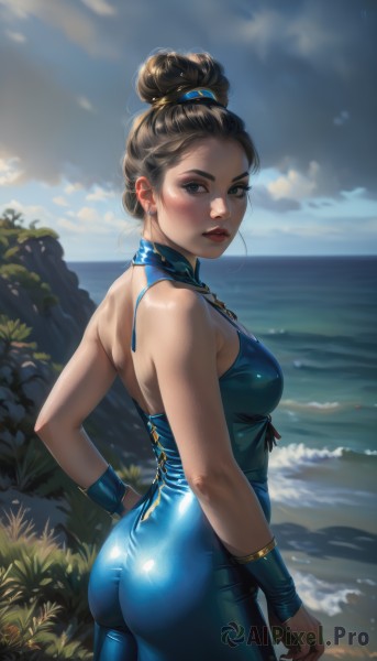 1girl,solo,breasts,looking at viewer,blush,short hair,blue eyes,brown hair,black hair,bare shoulders,brown eyes,jewelry,medium breasts,standing,swimsuit,ass,cowboy shot,earrings,outdoors,parted lips,sky,sleeveless,day,shiny,looking back,artist name,cloud,water,hair bun,from behind,blue sky,lips,hand on hip,bodysuit,makeup,ocean,beach,single hair bun,cloudy sky,lipstick,skin tight,shiny clothes,nose,horizon,red lips,hair pulled back,topknot,blue bodysuit,wetsuit,dress,halterneck,back,piercing,eyeshadow,realistic,shore,unitard