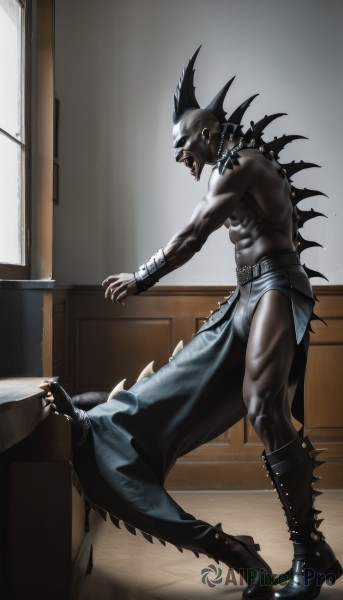 solo,open mouth,1boy,jewelry,underwear,standing,full body,male focus,boots,teeth,belt,indoors,black footwear,collar,bracelet,window,muscular,colored skin,abs,muscular male,spikes,topless male,bald,spiked bracelet,spiked collar,loincloth,horns,dark skin,from side,piercing,dark-skinned male,sharp teeth