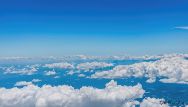 monochrome,outdoors,sky,day,cloud,water,blue sky,no humans,bird,ocean,cloudy sky,scenery,blue theme,horizon,landscape,above clouds