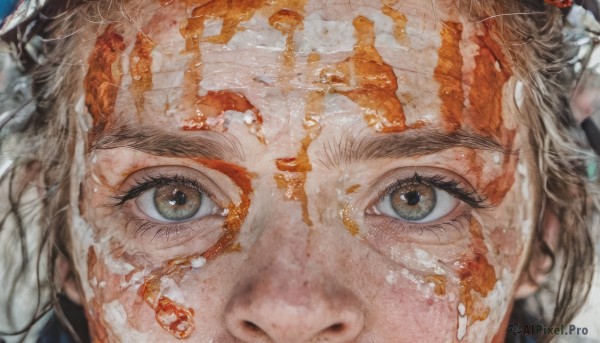 1girl,solo,looking at viewer,brown hair,brown eyes,eyelashes,portrait,close-up,reflection,paint,eye focus,short hair,bangs,closed mouth,blurry,heterochromia,traditional media,thick eyebrows,freckles,realistic,painting (medium),watercolor (medium),dirty