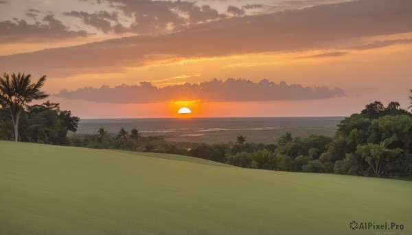 outdoors,sky,cloud,water,tree,no humans,ocean,watermark,beach,sunlight,cloudy sky,grass,plant,nature,scenery,forest,sunset,mountain,sun,horizon,landscape,orange sky,bush