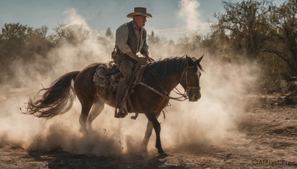 solo,blonde hair,shirt,gloves,1boy,hat,sitting,white shirt,male focus,boots,outdoors,sky,day,collared shirt,pants,cloud,vest,tree,facial hair,nature,beard,sleeves rolled up,forest,smoke,brown headwear,riding,brown pants,horse,cowboy hat,horseback riding,dust,cowboy western,reins,saddle,brown hair,long sleeves,weapon,white hair,necktie,belt,black footwear,from side,animal,brown footwear,black pants,brown vest,fog,desert,cowboy boots