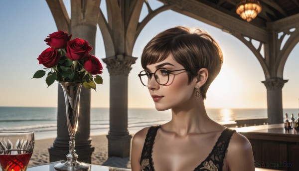 1girl,solo,breasts,smile,short hair,bangs,brown hair,dress,cleavage,bare shoulders,brown eyes,jewelry,closed mouth,underwear,collarbone,upper body,flower,earrings,outdoors,sky,glasses,sleeveless,day,water,cup,lips,looking to the side,makeup,rose,ocean,looking away,beach,table,bottle,red flower,lace,drinking glass,black-framed eyewear,red rose,nose,horizon,glass,vase,black hair,medium breasts,artist name,indoors,signature,bra,sunlight,black bra,realistic,pillar