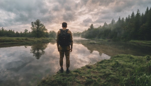 solo,gloves,1boy,standing,jacket,male focus,boots,outdoors,sky,pants,cloud,fingerless gloves,water,from behind,tree,military,backpack,cloudy sky,grass,nature,scenery,forest,reflection,camouflage,landscape,lake,black hair,facing away