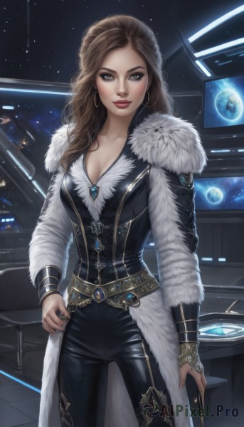 1girl,solo,long hair,breasts,looking at viewer,brown hair,long sleeves,cleavage,brown eyes,jewelry,medium breasts,standing,collarbone,cowboy shot,earrings,belt,pants,indoors,necklace,nail polish,mole,lips,coat,hand on hip,grey eyes,fur trim,makeup,wavy hair,black pants,lipstick,gem,star (sky),eyeshadow,science fiction,contrapposto,realistic,red lips,eyeliner,space,planet,spacecraft,artist name,ring,forehead,hoop earrings,earth (planet),leather pants