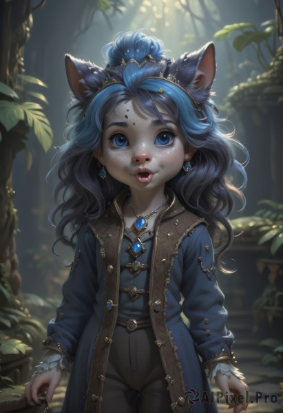 1girl,solo,long hair,looking at viewer,open mouth,blue eyes,shirt,black hair,hair ornament,long sleeves,animal ears,jewelry,blue hair,standing,cowboy shot,earrings,outdoors,parted lips,open clothes,teeth,day,tongue,belt,pants,tongue out,necklace,blurry,tree,lips,coat,fingernails,eyelashes,depth of field,blurry background,facial mark,thigh gap,black pants,sunlight,tiara,plant,brooch,gem,nature,furry,pendant,forest,backlighting,freckles,open coat,forehead mark,fantasy,furry female,arms at sides,blue coat,bangs,cat ears,nail polish,leaf,wavy hair,curly hair,stairs,animal nose,snout