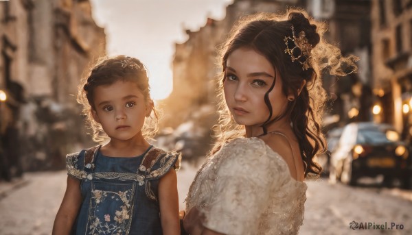 long hair,looking at viewer,blue eyes,multiple girls,brown hair,black hair,hair ornament,dress,2girls,brown eyes,jewelry,closed mouth,upper body,short sleeves,earrings,outdoors,looking back,dark skin,mole,blurry,dark-skinned female,lips,depth of field,blurry background,siblings,wavy hair,ground vehicle,child,motor vehicle,curly hair,realistic,car,road,very dark skin,short hair,bare shoulders,parted lips,sleeveless,necklace,white dress,blue dress,backlighting,female child,overalls,mother and daughter,street