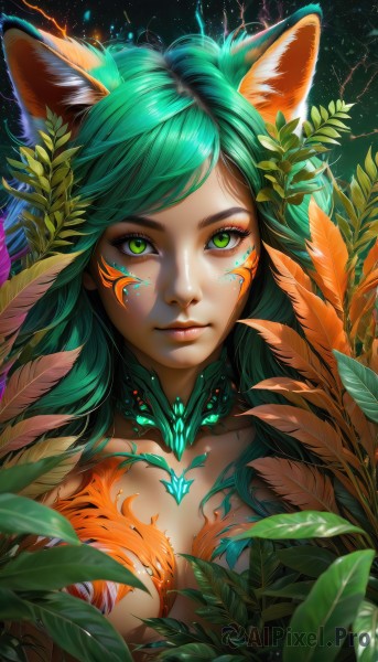 1girl,solo,long hair,breasts,looking at viewer,bangs,large breasts,hair ornament,animal ears,cleavage,medium breasts,closed mouth,green eyes,collarbone,upper body,green hair,artist name,cat ears,lips,fox ears,eyelashes,makeup,swept bangs,glowing,leaf,watermark,facial mark,feathers,plant,slit pupils,portrait,nose,eyeliner,web address,light particles,fantasy,facepaint