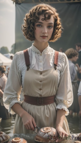 1girl,breasts,looking at viewer,smile,short hair,brown hair,shirt,black hair,long sleeves,dress,holding,brown eyes,closed mouth,standing,food,multiple boys,solo focus,belt,white dress,blurry,lips,buttons,depth of field,blurry background,plate,freckles,curly hair,realistic,nose,fork,brown belt,mole on cheek,solo,blue eyes,white shirt,outdoors,day,water,apron,wavy hair,sunlight,knife,blouse