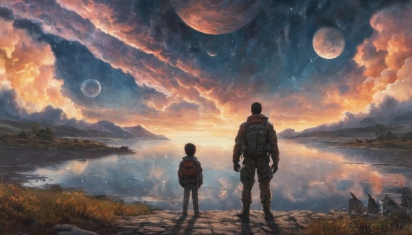 1girl,short hair,black hair,gloves,1boy,standing,male focus,boots,outdoors,multiple boys,sky,cloud,2boys,water,bag,from behind,night,moon,backpack,cloudy sky,grass,star (sky),night sky,scenery,full moon,starry sky,reflection,walking,science fiction,sunset,mountain,sun,facing away,crescent moon,planet,ambiguous gender,lake,spacesuit,astronaut,signature,tree,floating,rock,horizon,wide shot,landscape,space helmet