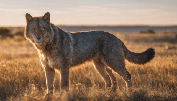 solo,looking at viewer,full body,outdoors,sky,day,signature,blurry,no humans,depth of field,blurry background,animal,cat,grass,realistic,field,animal focus,horizon